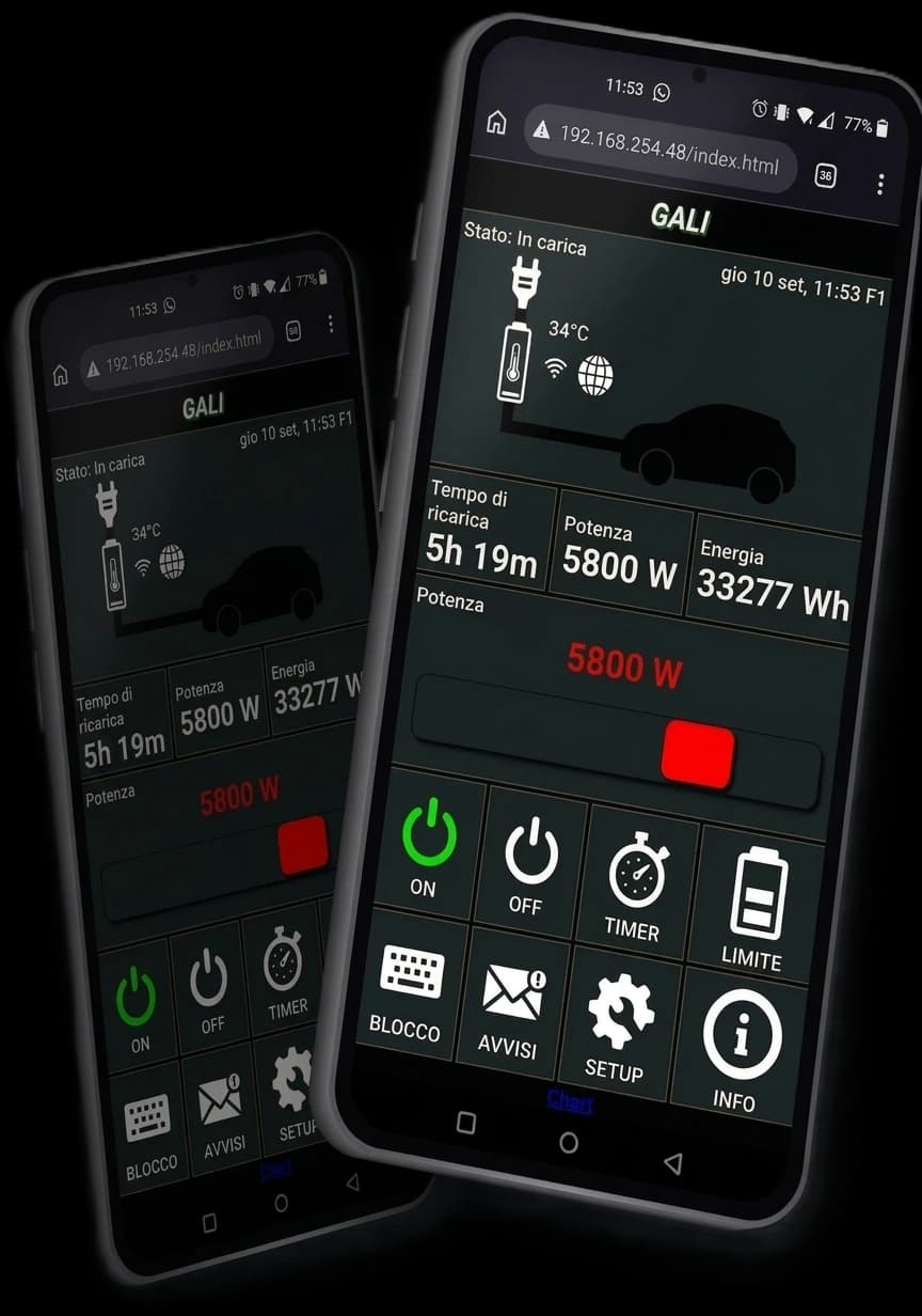 The GALI by RM™ web interface on two smartphones: charge status, temperature, power delivered, energy and the on, timer and limit controls