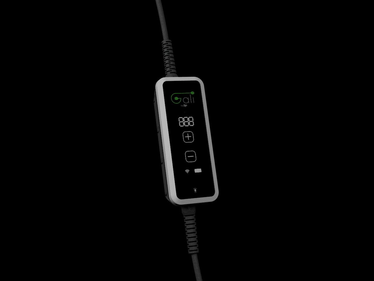 The GALI M compact charging system, showing its display and power adjustment buttons