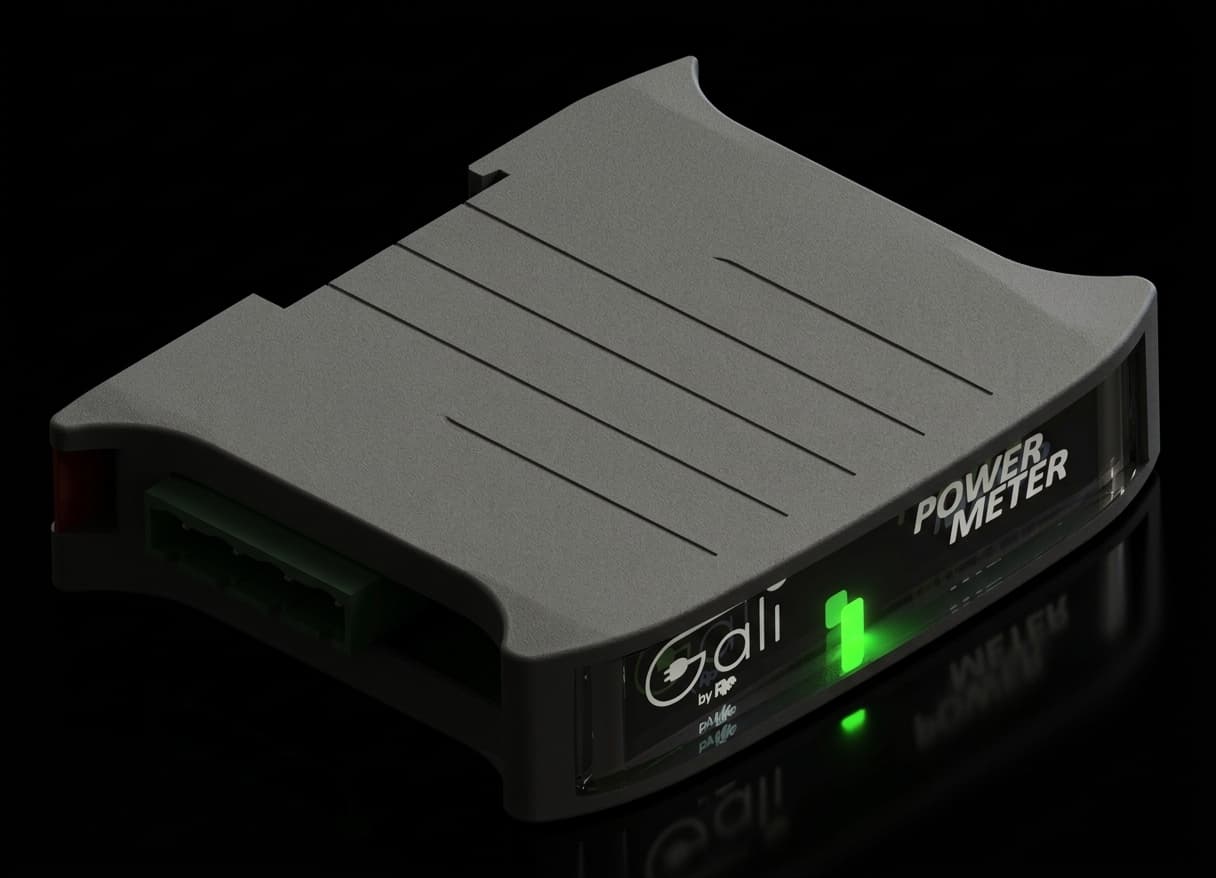 The GALI Power Meter seen from three quarters, with its green connection terminals and lit display