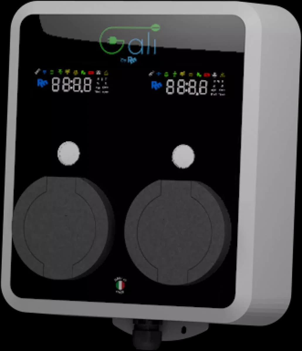 The GALI B wallbox, with two charging sockets and two status displays