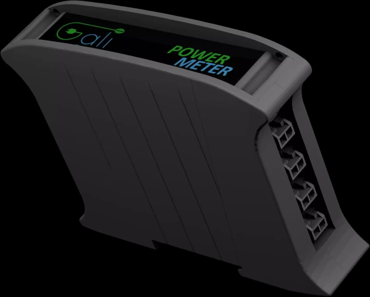 The GALI Power Meter seen from three quarters, with its display and the connection terminals on the side