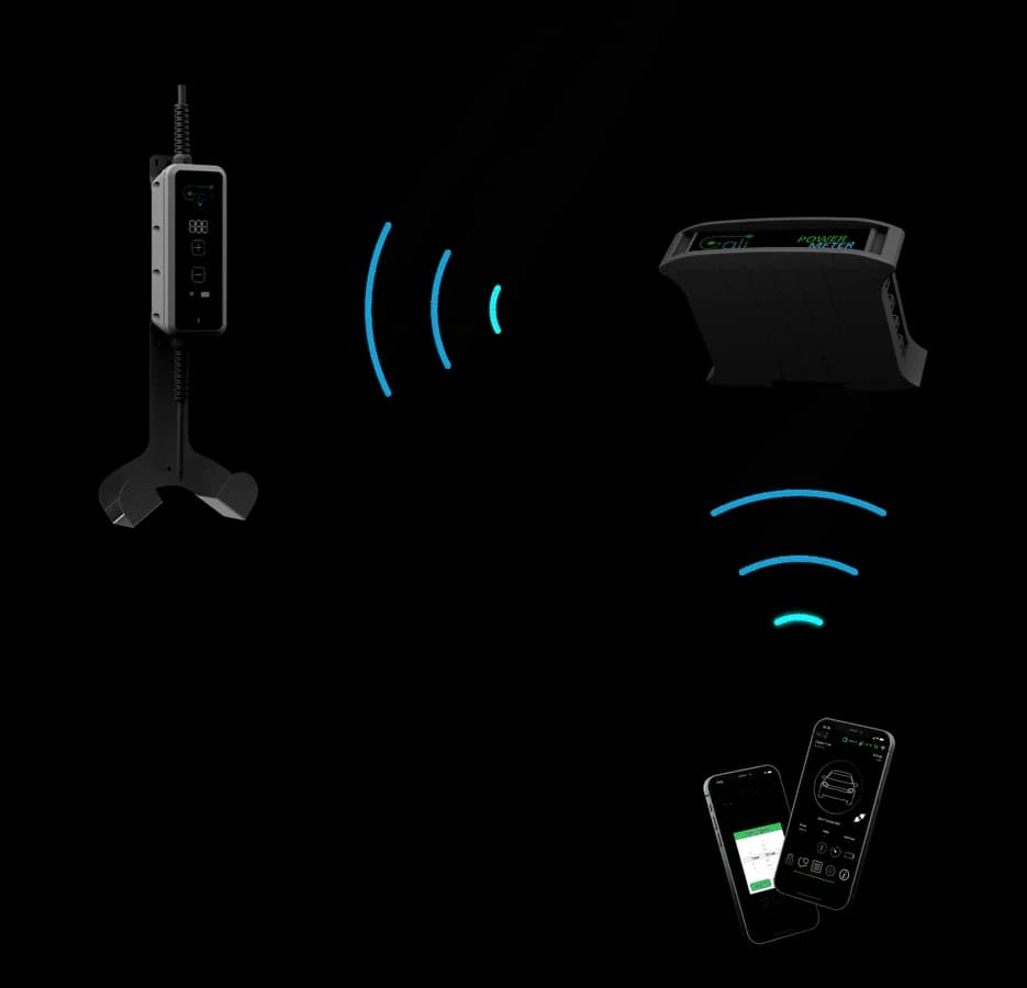 GALI BC in its bracket, linked over WiFi to the GALI Power Meter, which in turn talks to the app on a smartphone