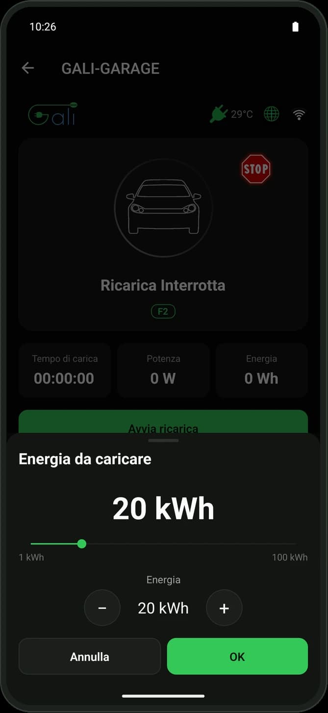La finestra di Gali Link per scegliere l’energia da caricare, impostata a 20 kWh