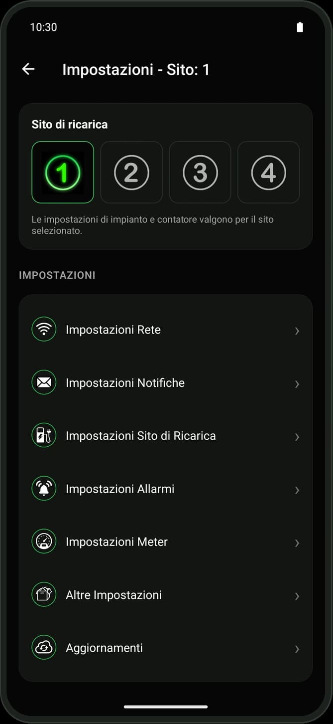 Le impostazioni di Gali Link: rete, notifiche, sito di ricarica, allarmi, contatore e aggiornamenti